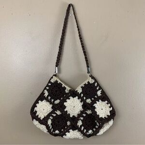 Vintage Handmade Crochet Knit Purse Brown Cream Granny Square Boho 70s hippie